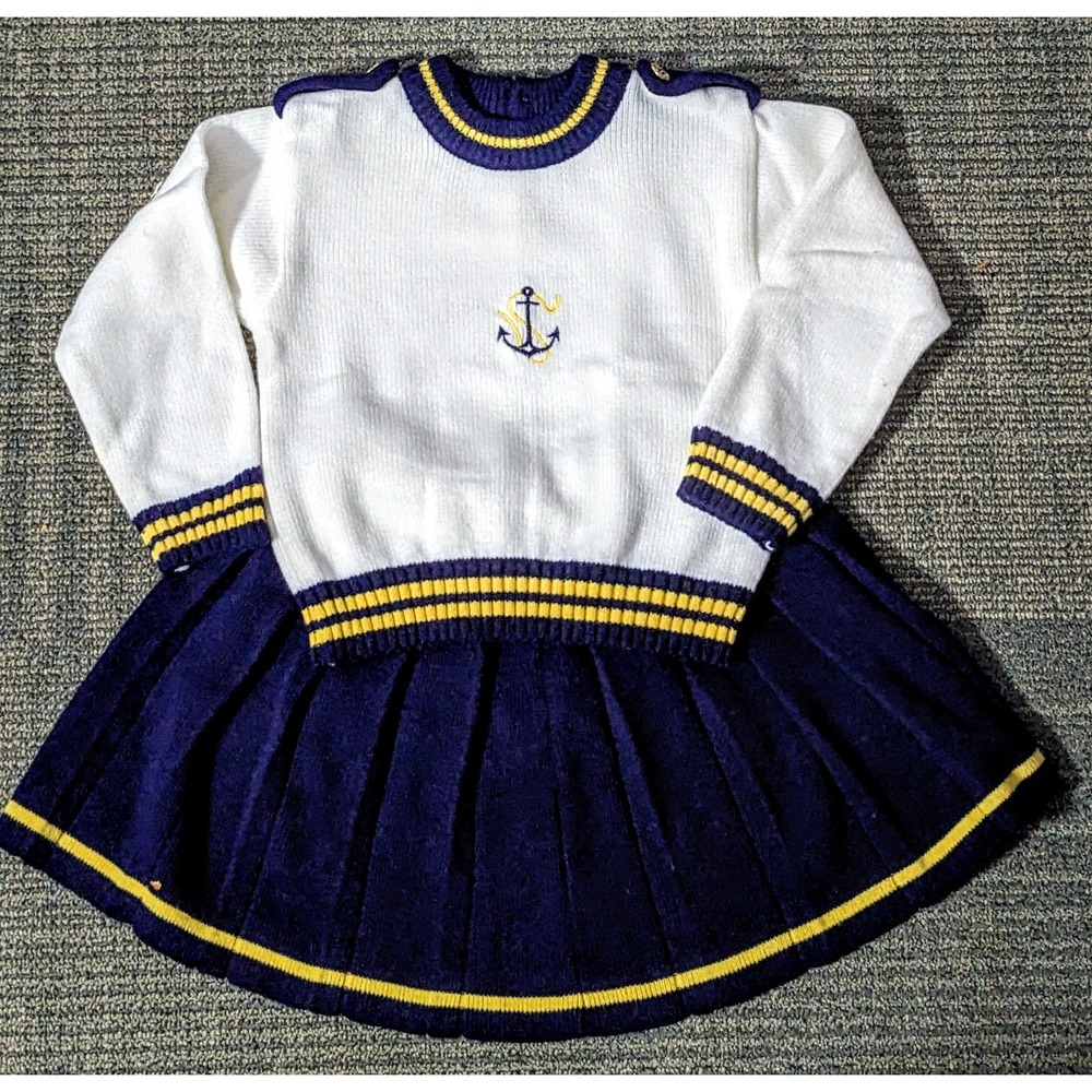 Vtg Little Bitty Girls Sailor Set Knit Dress Size 24 Months 2 Pc Sweater Pleated